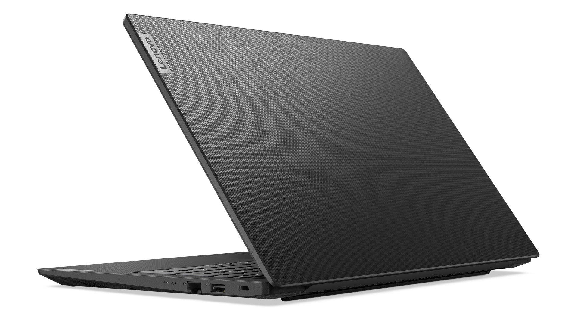 Czarny laptop Lenovo, otwarty pod kątem na białym tle, pokazujący klawiaturę i logo Lenovo.