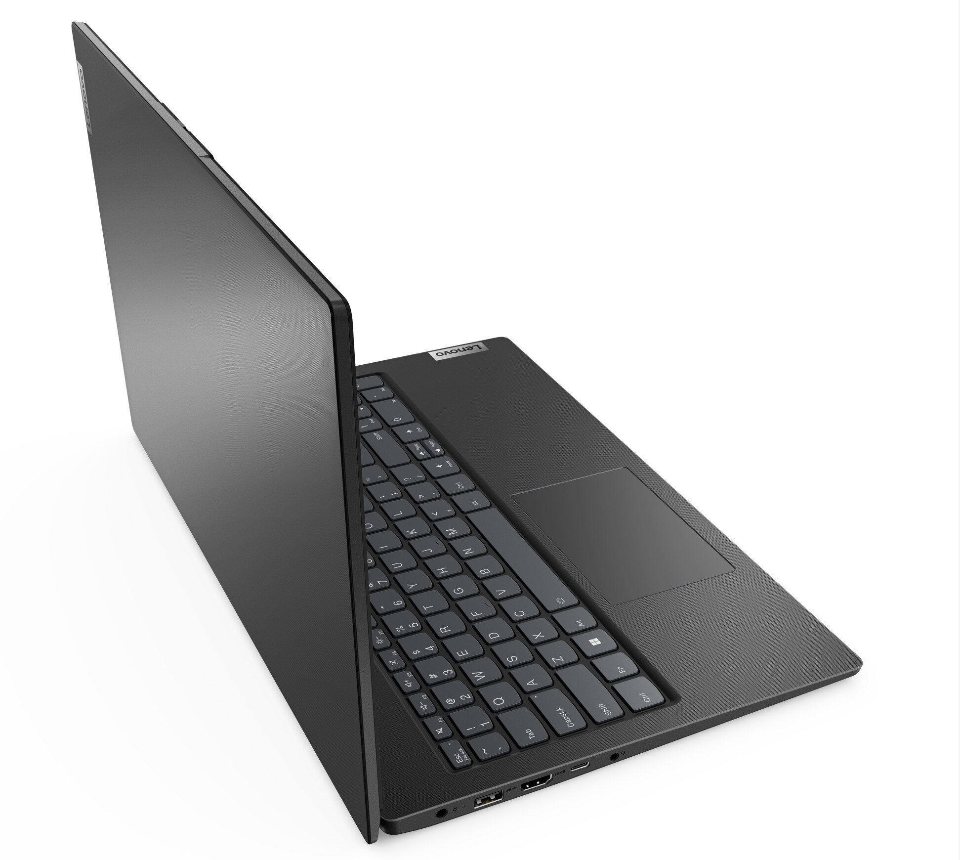 Czarny laptop, lekko otwarty, z klawiaturą i panelem dotykowym, na białym tle.
