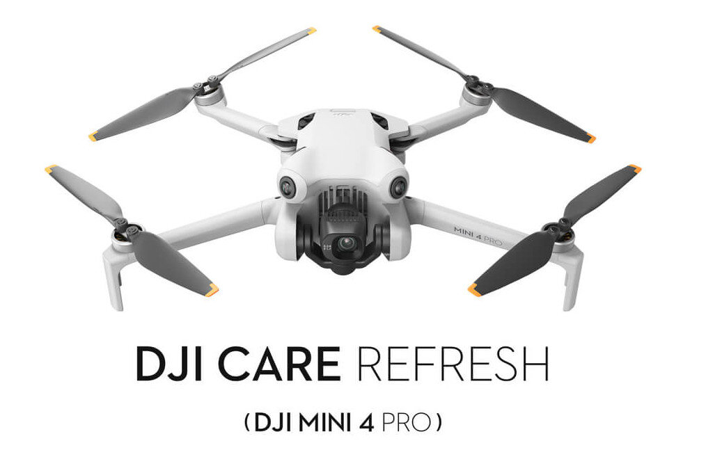 Biały dron z czterema śmigłami, w centralnym widoku. Pod spodem tekst 'DJI CARE REFRESH'.