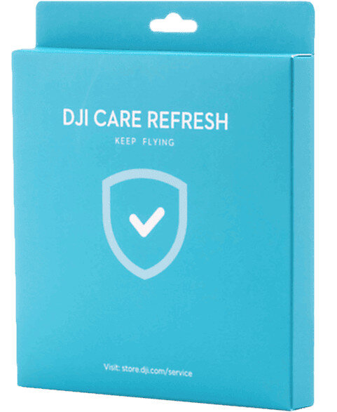 Niebieskie pudełko z tekstem 'DJI CARE REFRESH' i białym logo tarczy z ptaszkiem.