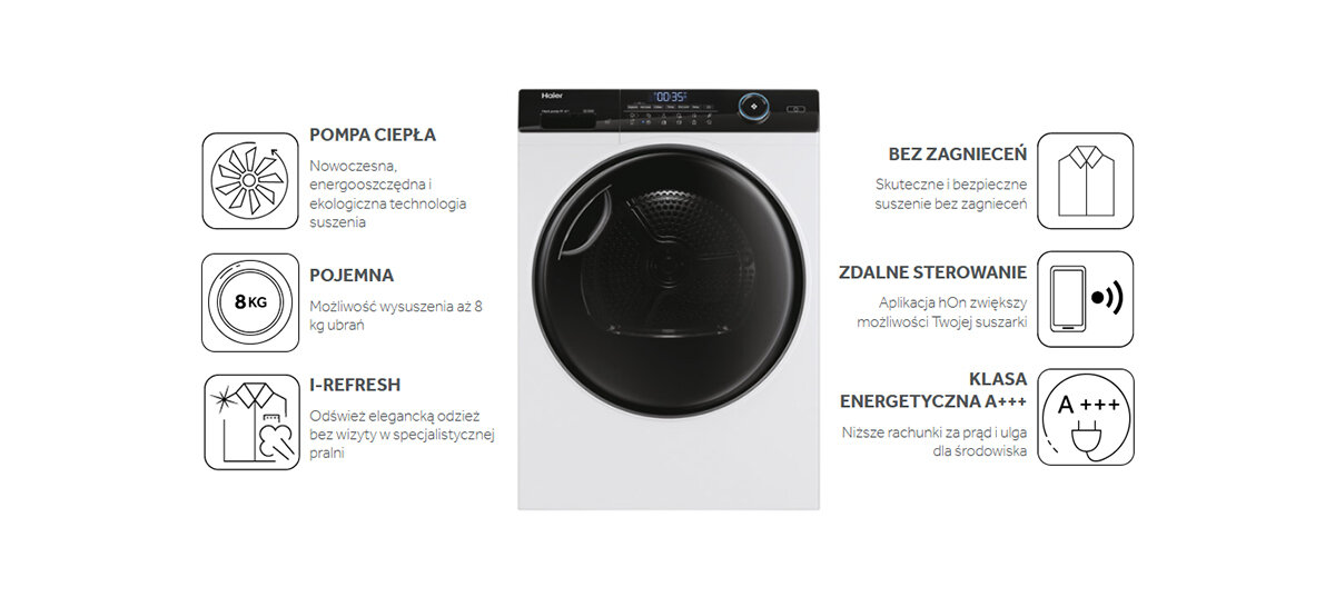 Biała suszarka z ikonami informacyjnymi. Tekst zawiera cechy, jak 8 kg pojemności i zdalne sterowanie.
