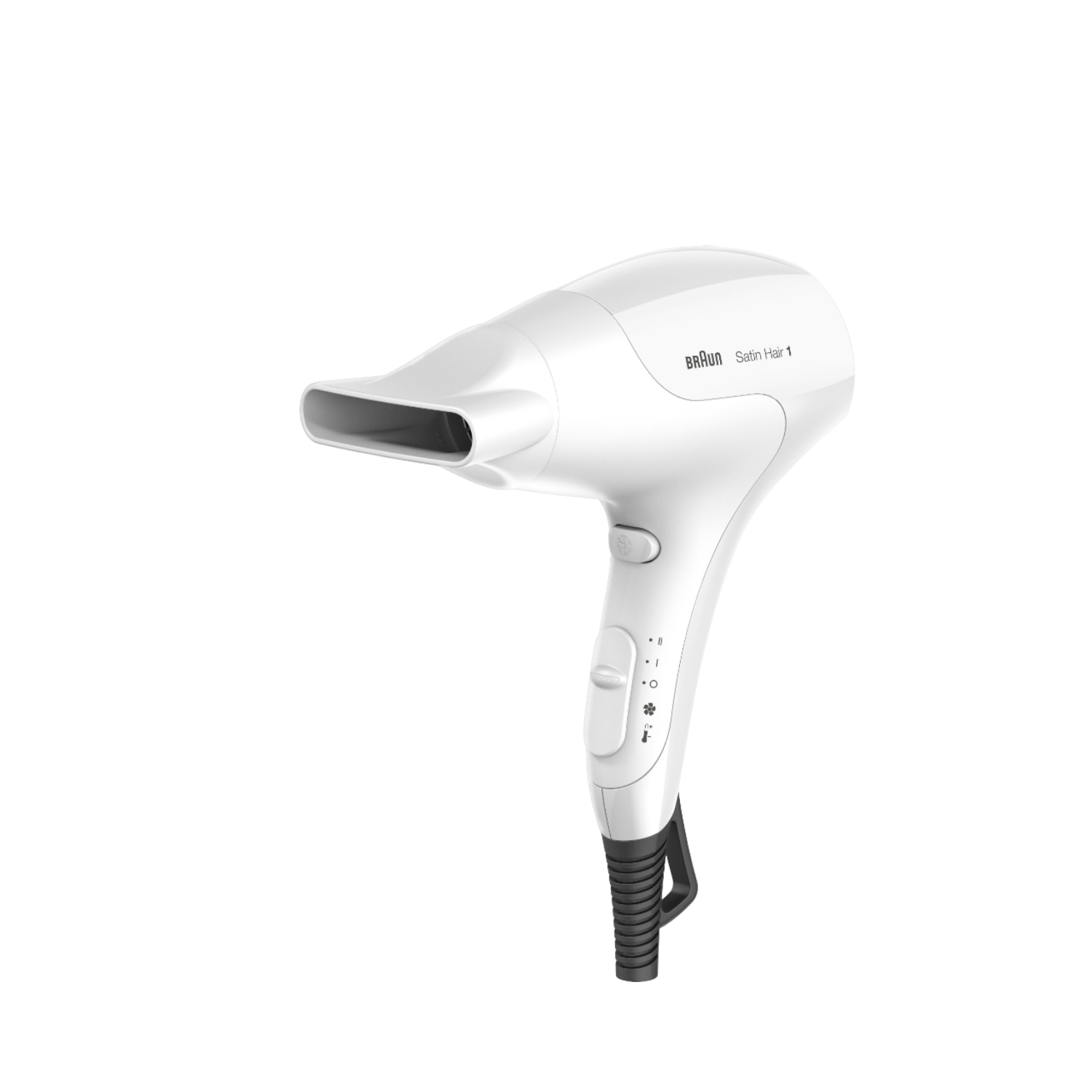 Witte Braun föhn met zwarte handgreep en bediening. Op een zwarte achtergrond.