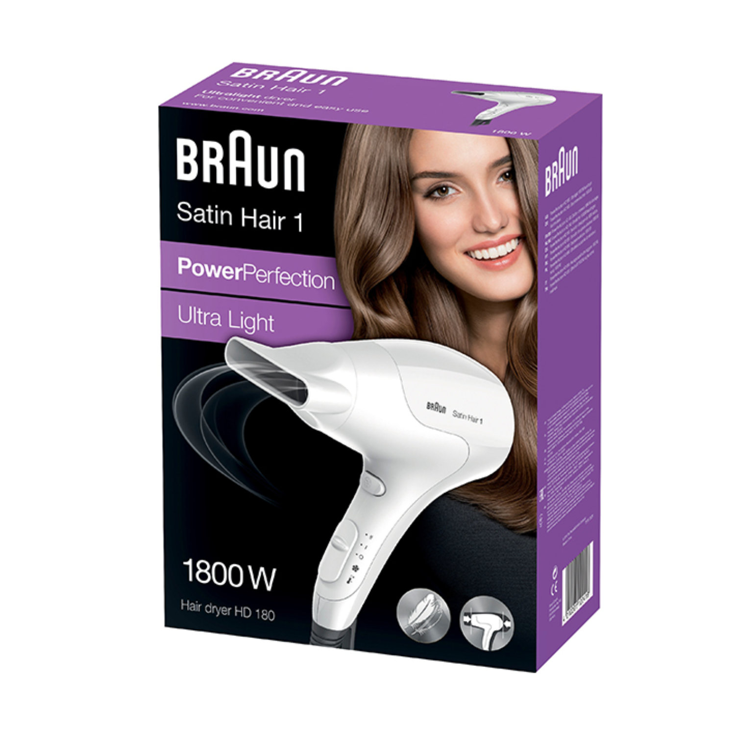 Doos van Braun Satin Hair 1 haardroger, met een lachende vrouw op de voorkant.