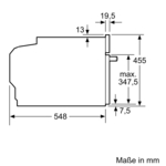 Diagramm mit Maßen, das die Seitenansicht eines Geschirrspülers mit Abmessungen in mm zeigt.