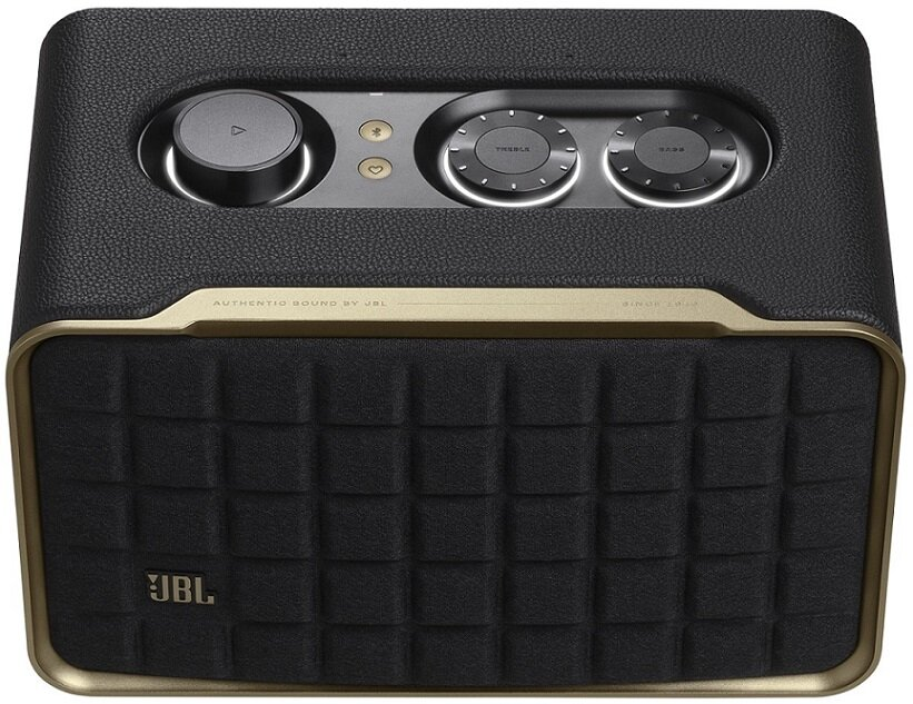 Czarny i złoty głośnik JBL z elementami sterującymi na górze i wzorzystym przodem.