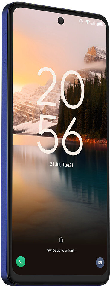 Niebieski smartfon wyświetlający czas i krajobraz.