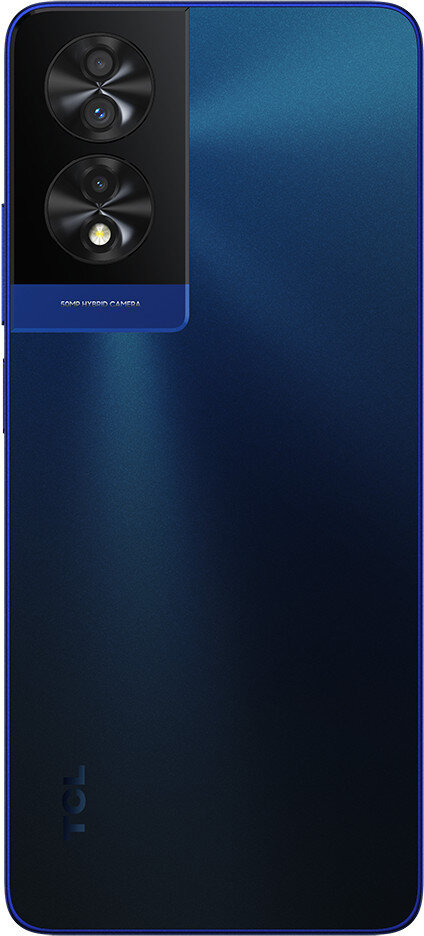 Ciemnoniebieski telefon TCL z modułem aparatu i widocznym logo na tylnej obudowie.