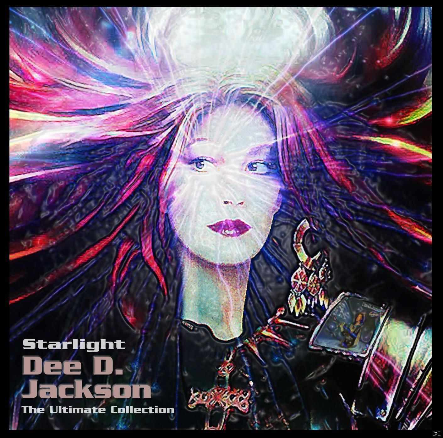 Dee D. Jackson 'Starlight' albumának borítója. Nő arca kozmikus dizájnnal. A szöveg az arca alatt.