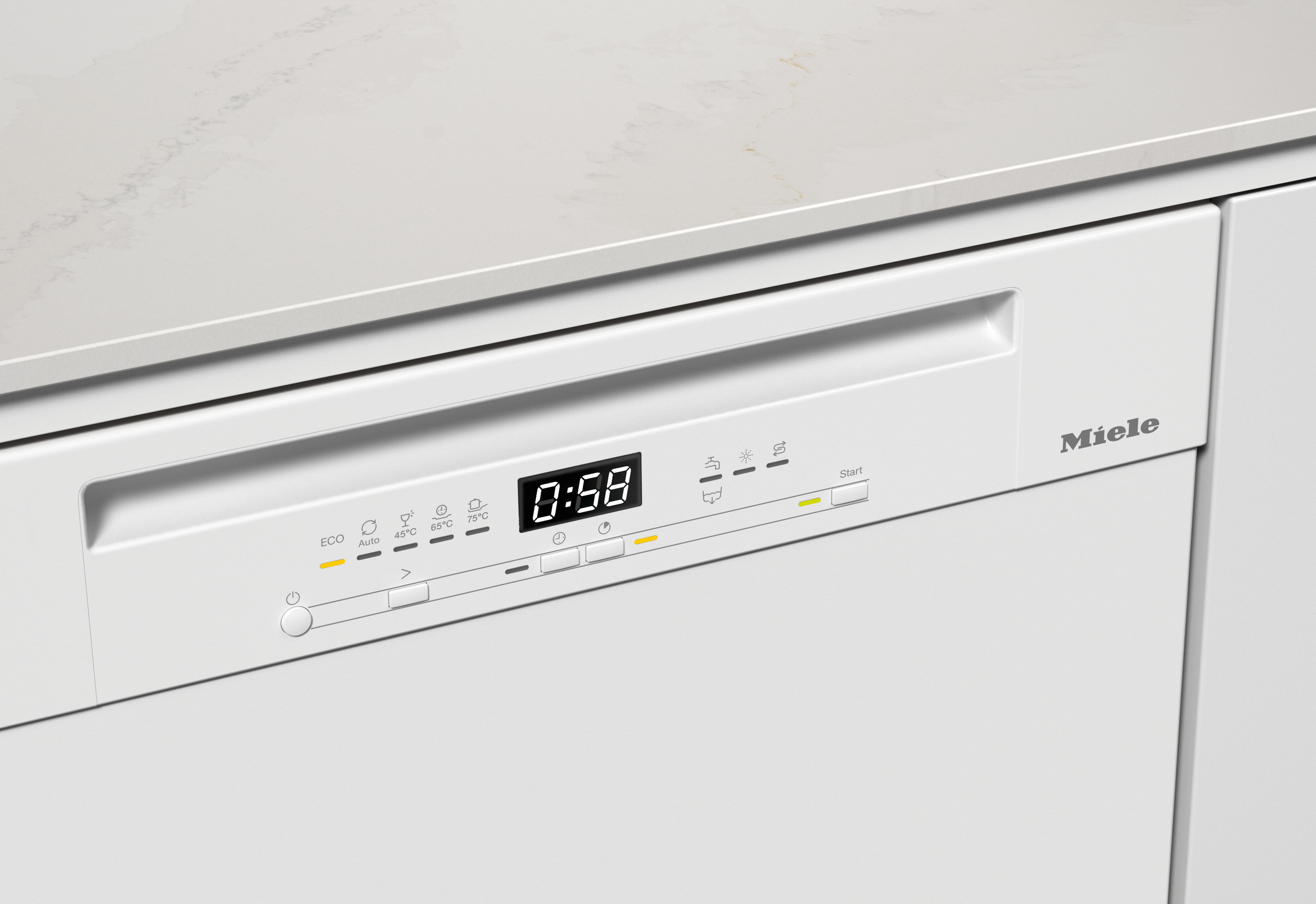 Weiße Miele Spülmaschine mit digitaler Anzeige 0:58 und Programmtasten.