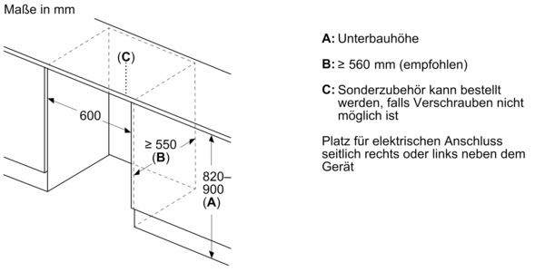 Diagramm mit Abmessungen für ein Unterbaugerät.