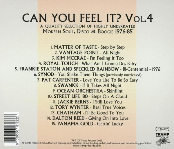 Die Rückseite einer CD mit Text, der die Songs und Credits auflistet. Das Album heißt 'Can You Feel It?'.