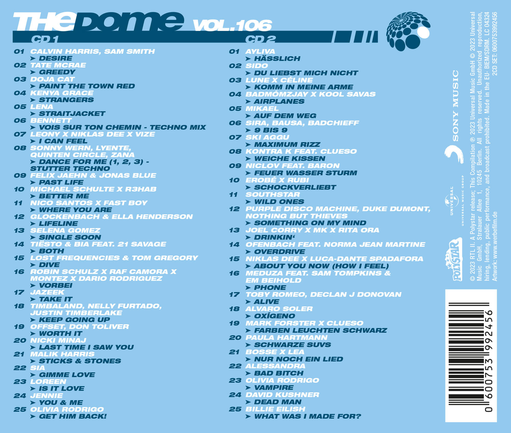 CD-Hülle mit Titelliste. Der Hintergrund ist weiß und die Hülle dunkelblau. Die CD ist sichtbar.