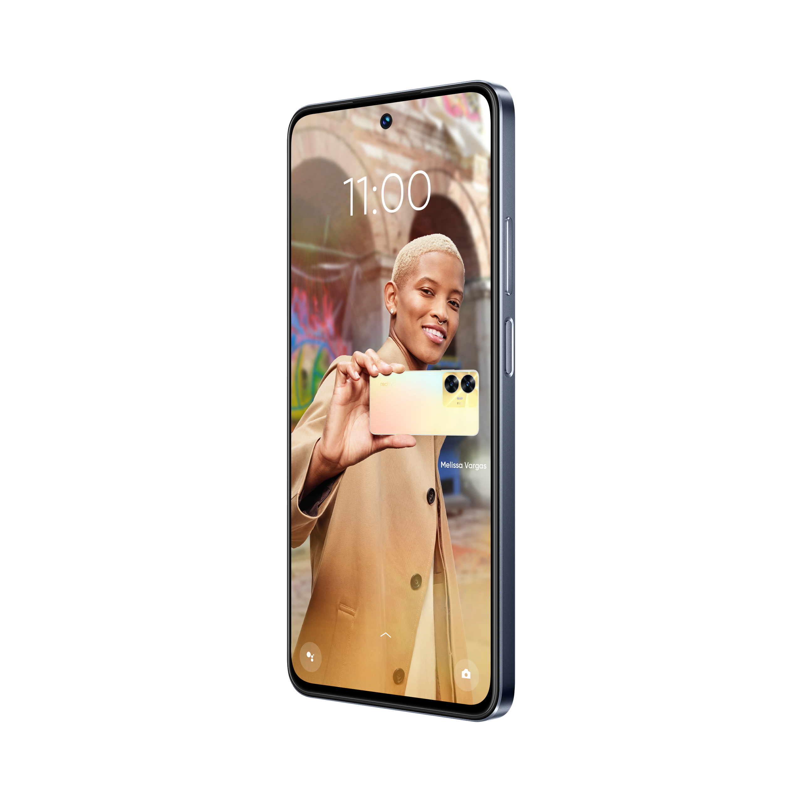 Başka bir telefon tutan bir kadının fotoğrafını gösteren akıllı telefon.