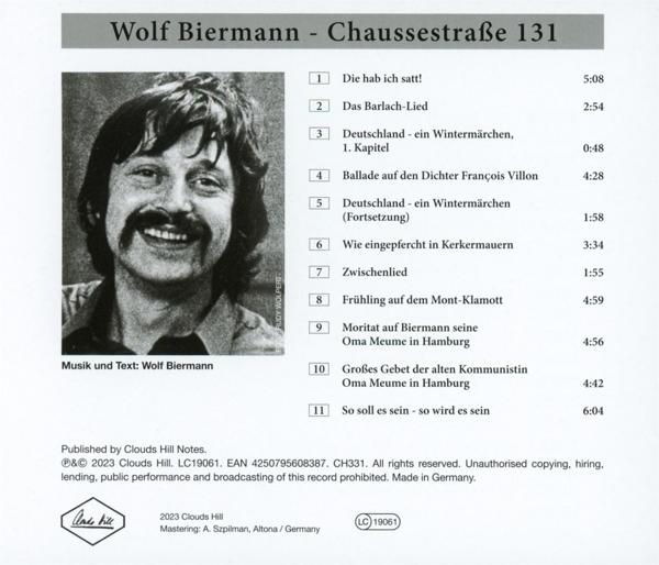 Albumcover mit Porträt eines Mannes und einer Titelliste. Der Titel lautet "Wolf Biermann - Chausseestraße 131."