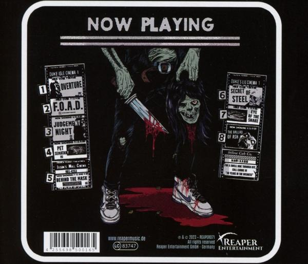 Rückseite einer CD-Hülle mit einem Zombie, der einen Kopf und ein Messer hält, mit angezeigten Titellisten.