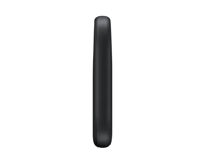 Dispositivo negro, vista lateral, forma rectangular.