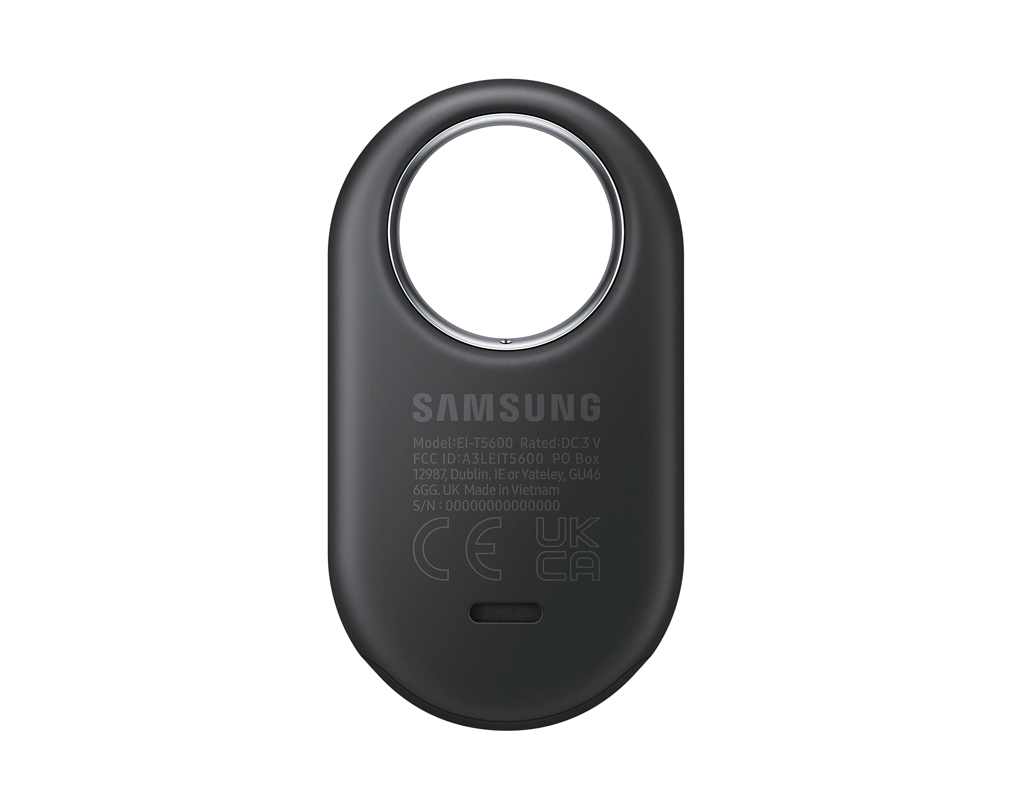 Samsung SmartTag negro, de forma ovalada, con un orificio para llavero.