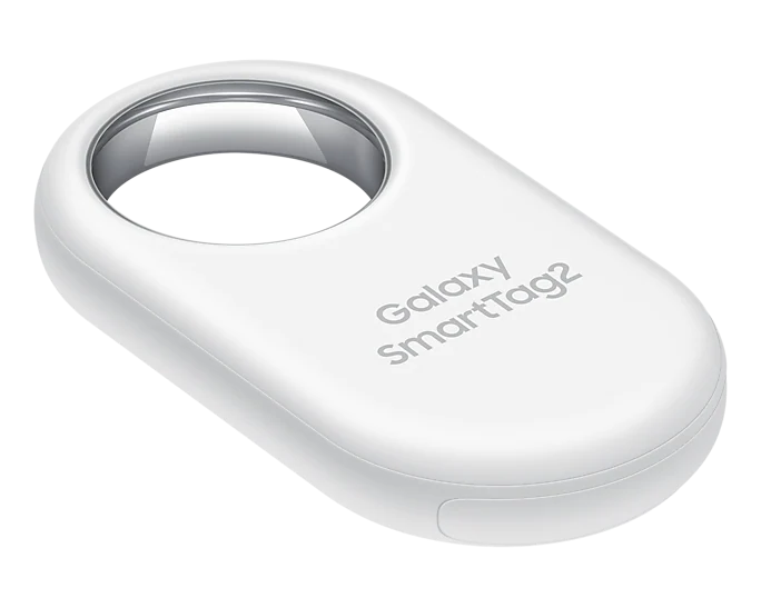 Un dispositivo blanco Galaxy SmartTag2, forma ovalada, con el texto 'Galaxy SmartTag2'.