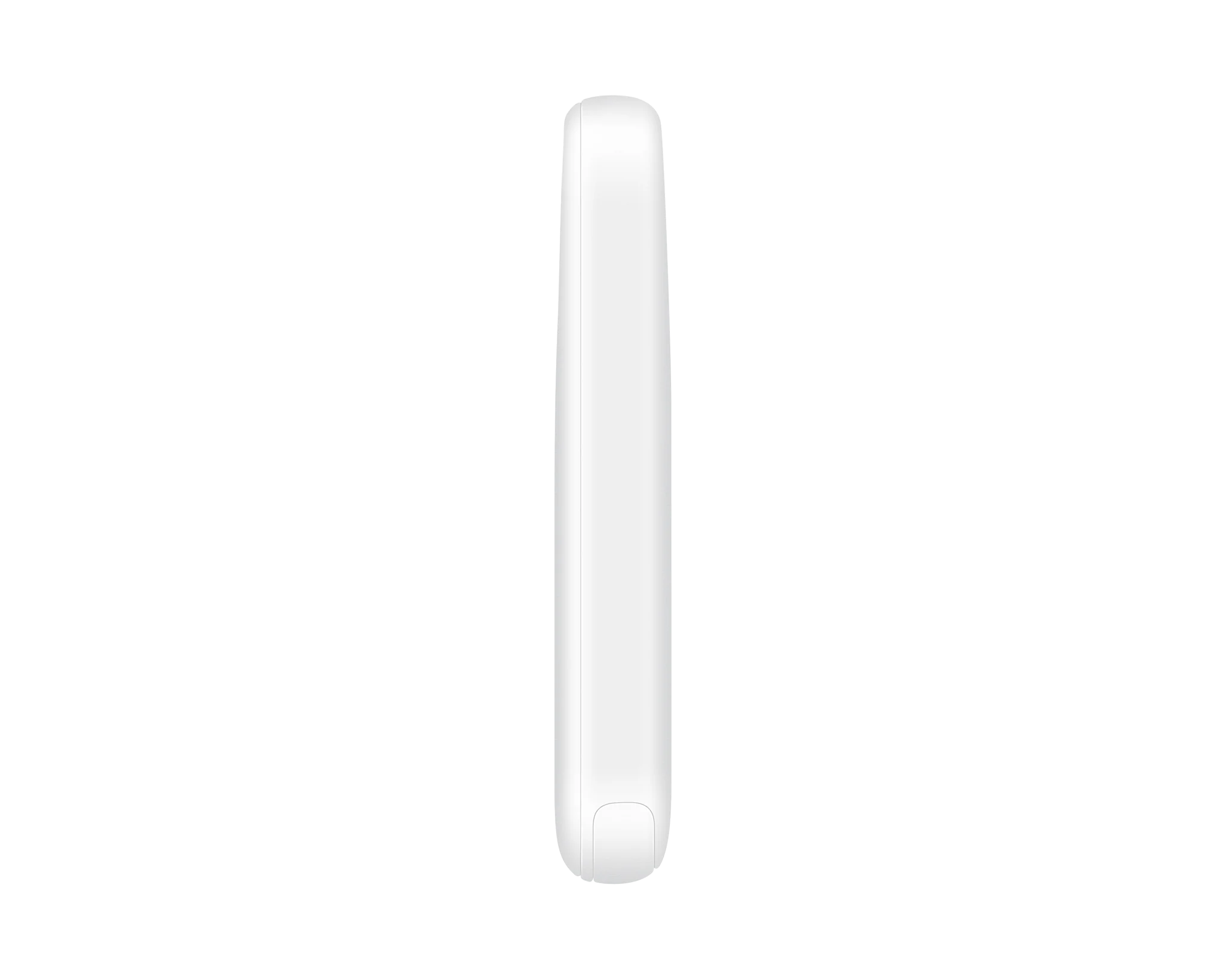 Dispositivo blanco y delgado, probablemente un teléfono. Fondo negro.