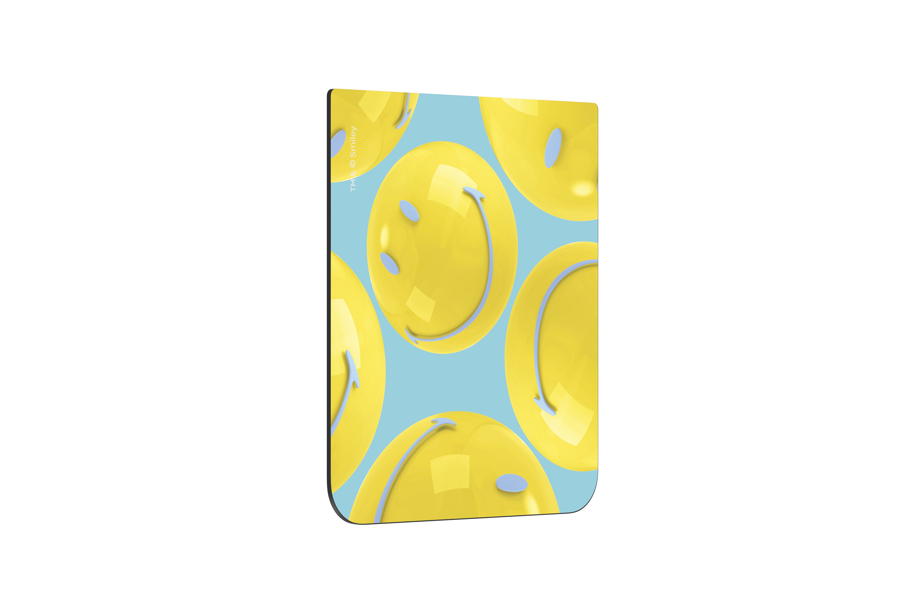 Una funda negra y blanca con caras sonrientes amarillas.