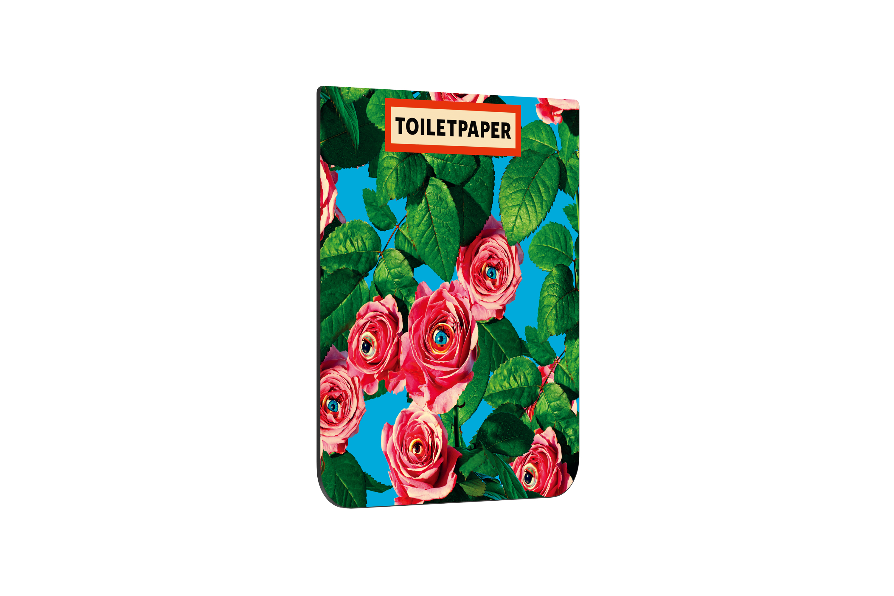 Un rollo de papel higiénico con rosas y fondo azul, con el texto 'TOILETPAPER'.