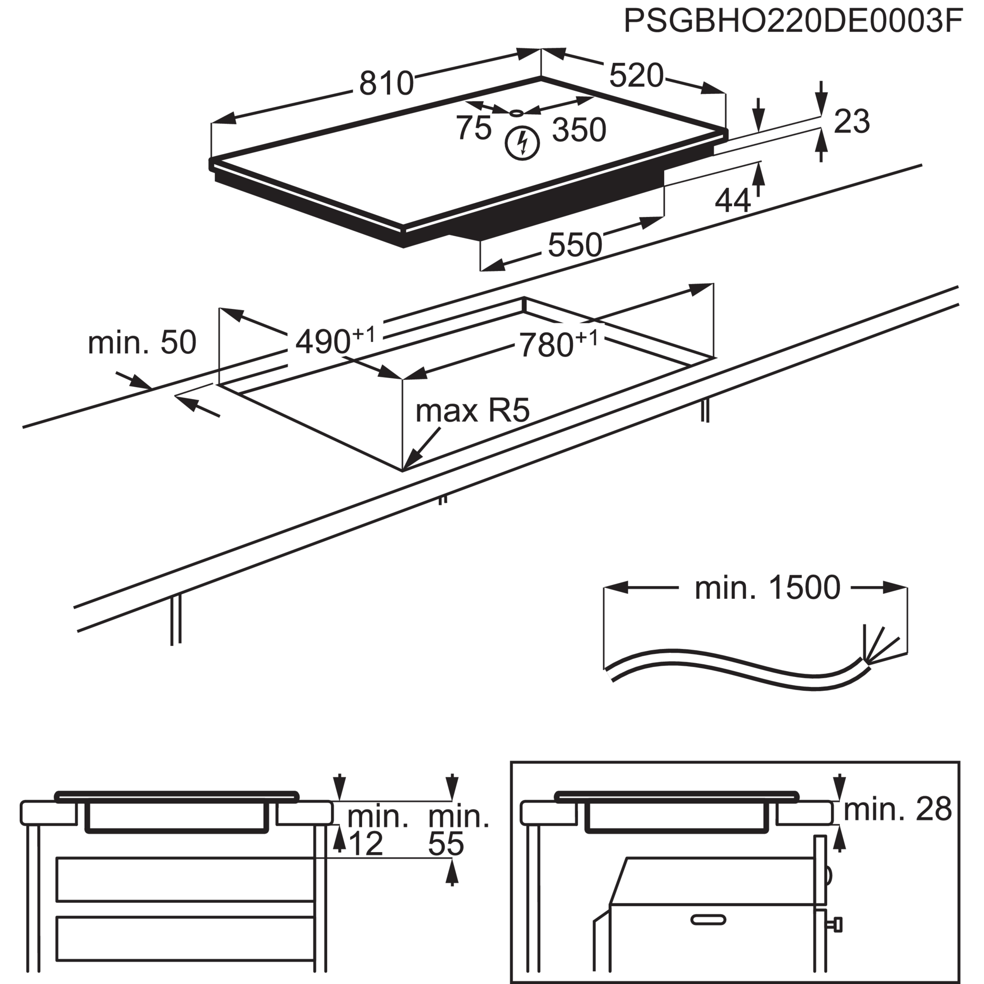 Diagramm eines Kochfelds mit Maßen. Weißer Hintergrund.