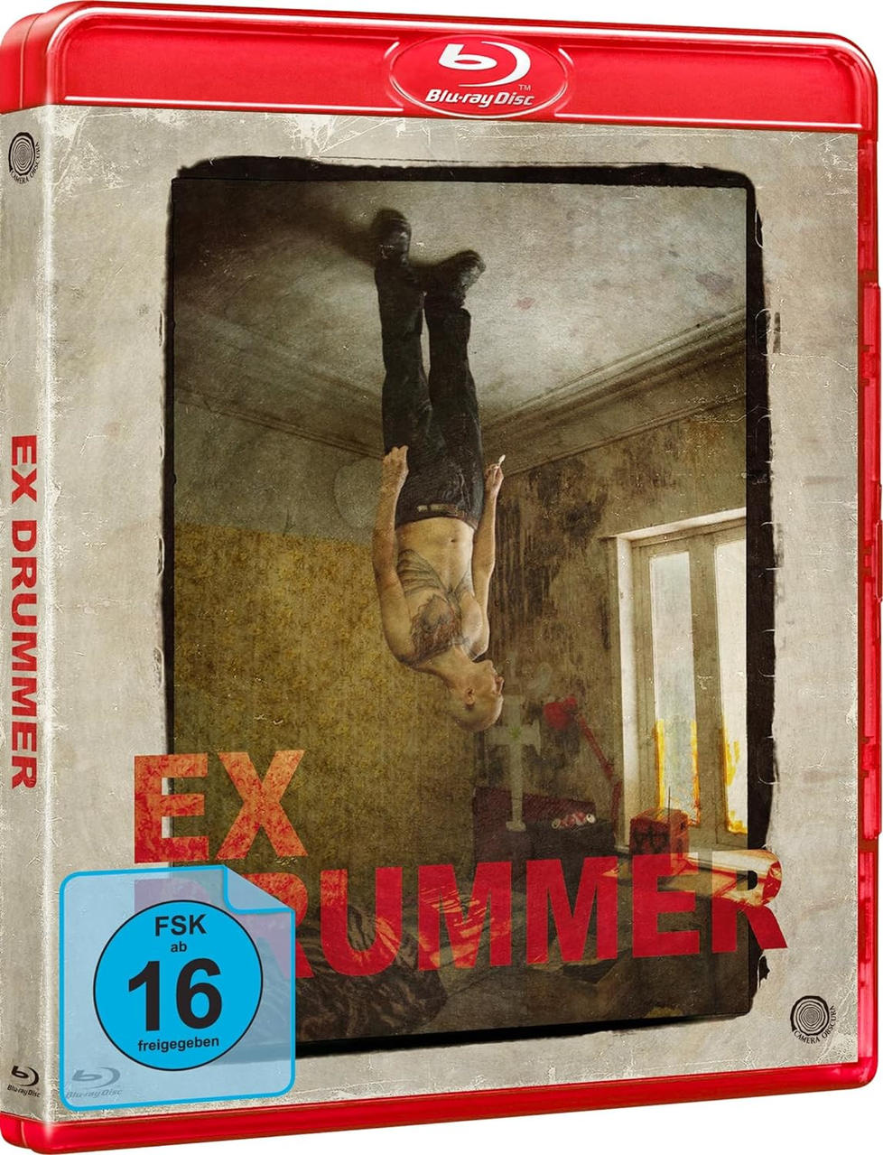 DVD-Hülle mit dem Filmtitel 'EX DRUMMER'. Ein Mann hängt kopfüber auf dem Cover.