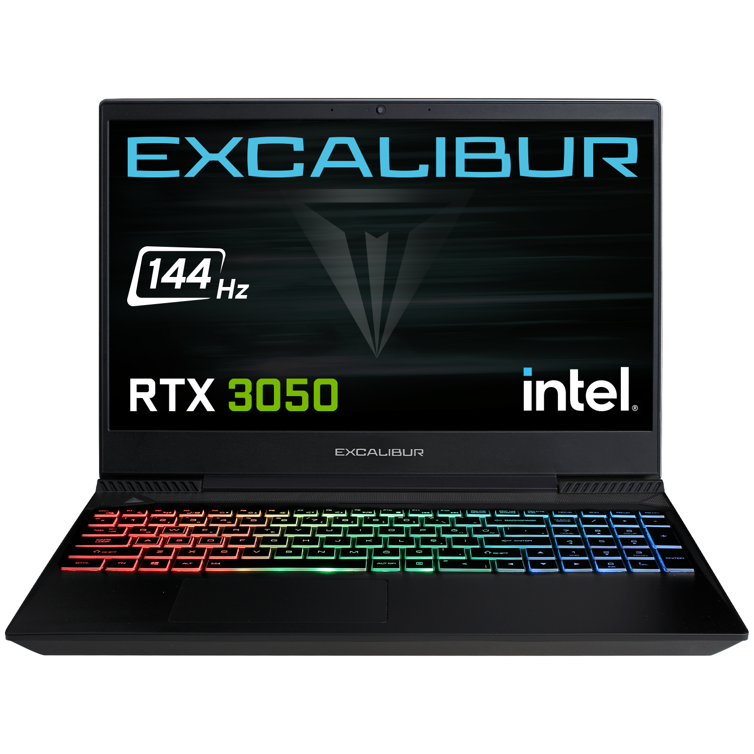 Renkli arkadan aydınlatmalı klavyeye sahip siyah dizüstü bilgisayar. Ekranda 'EXCALIBUR' ve 'RTX 3050'.