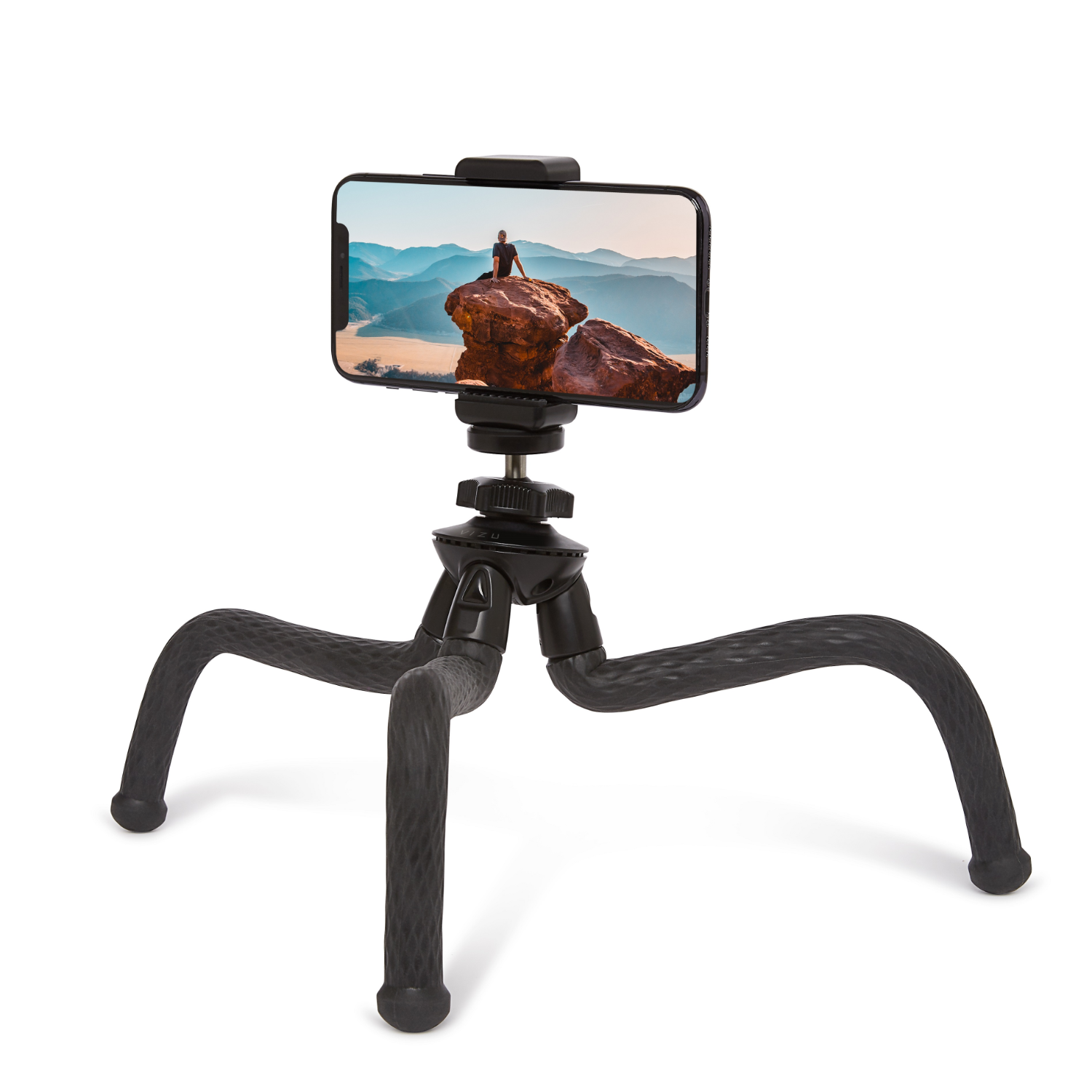 Zwart statief met telefoon. Telefoon toont een landschap. Witte achtergrond.