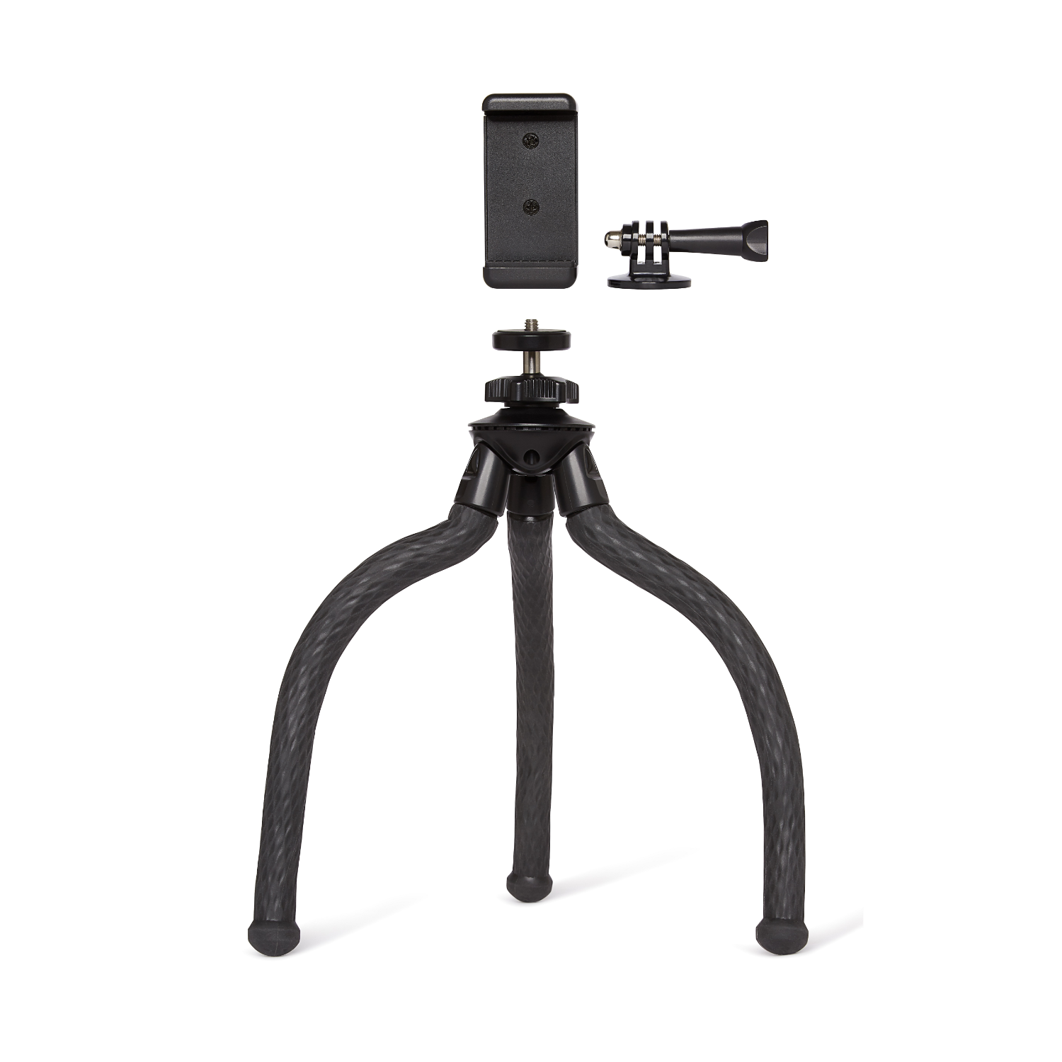 Een zwart statief en een telefoonhouder op een witte achtergrond. GoPro-adapter wordt ook getoond.