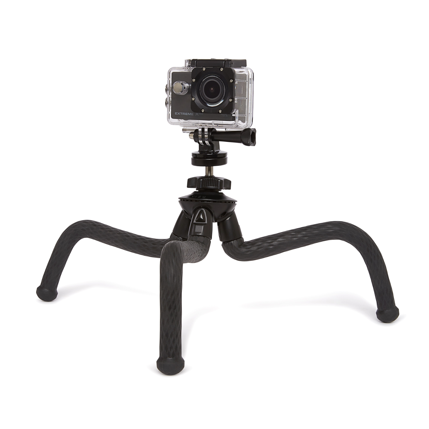 Zwarte actioncam met doorzichtige behuizing op zwart statief met gebogen poten.