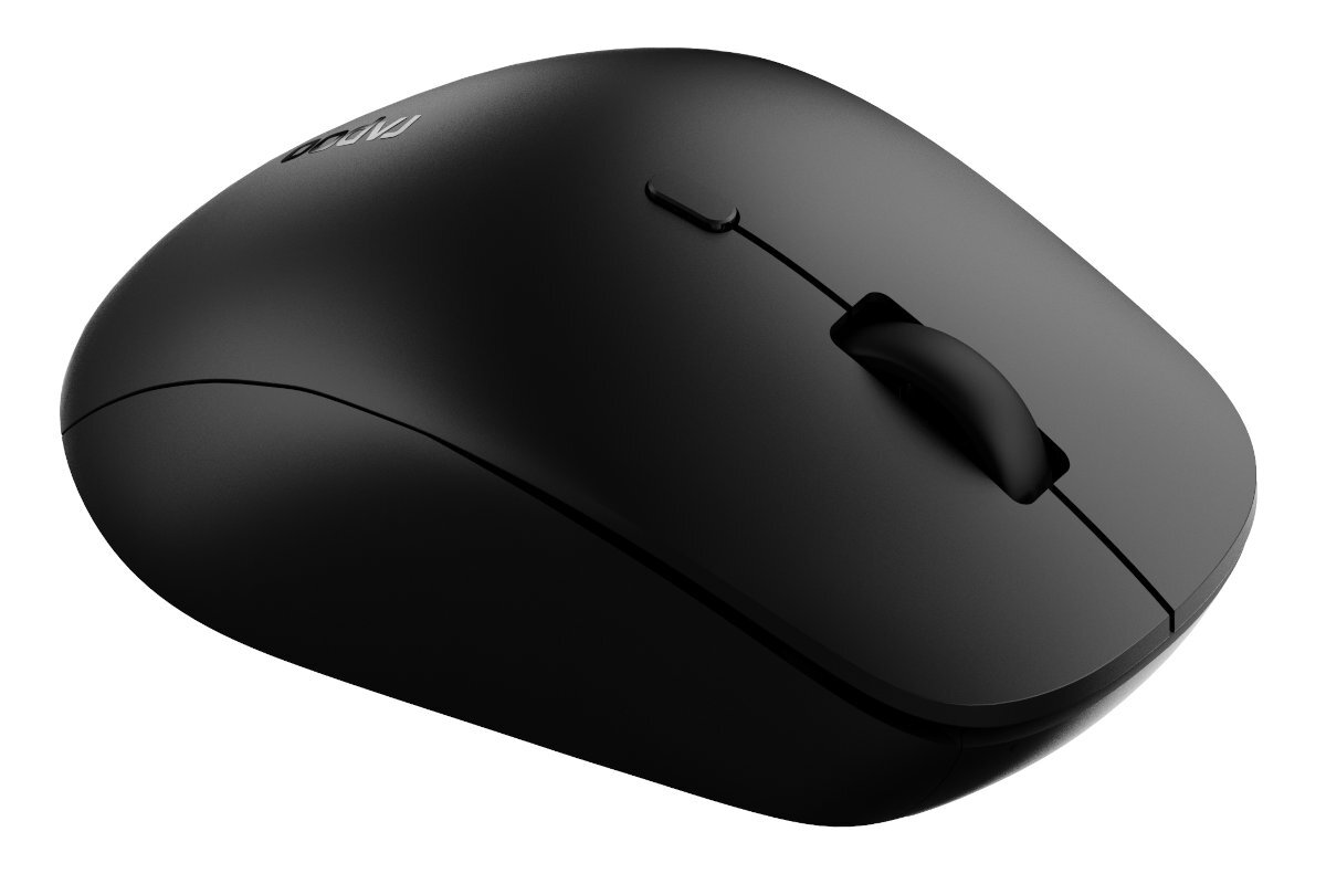 Czarna mysz komputerowa. Posiada kółko przewijania, widoczna nazwa marki.