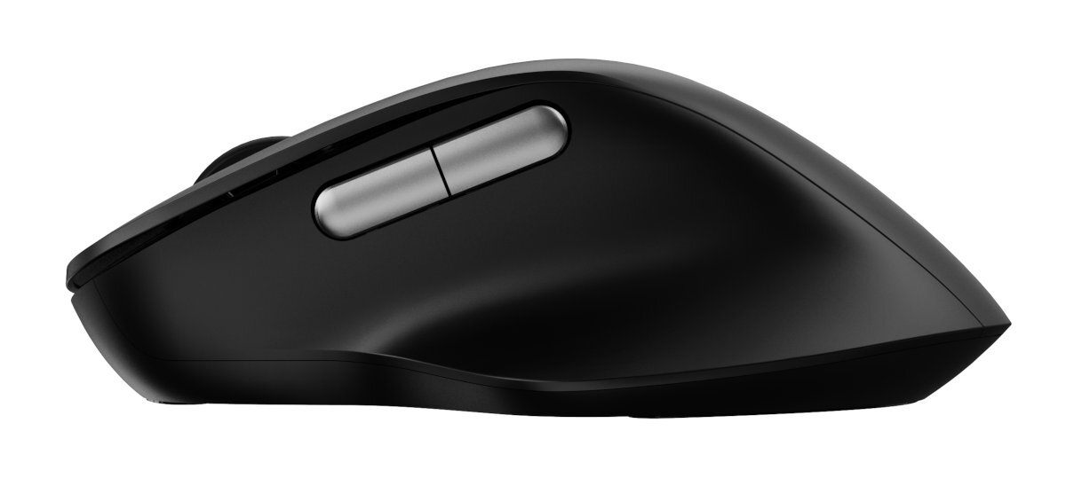 Czarna ergonomiczna mysz z dwoma srebrnymi przyciskami i kółkiem przewijania.