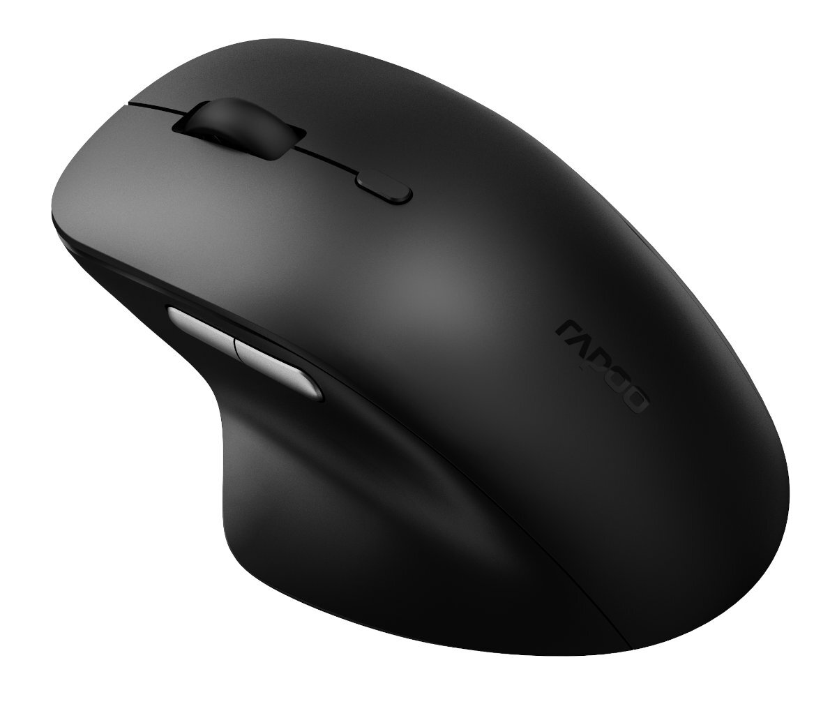 Czarna mysz komputerowa o zakrzywionym kształcie na białym tle.