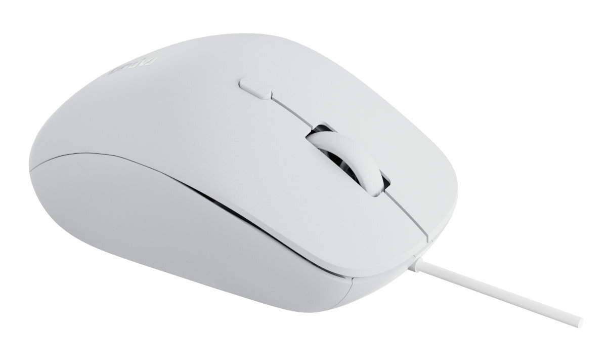 Biała mysz komputerowa z kółkiem przewijania i kablem, na białym tle.