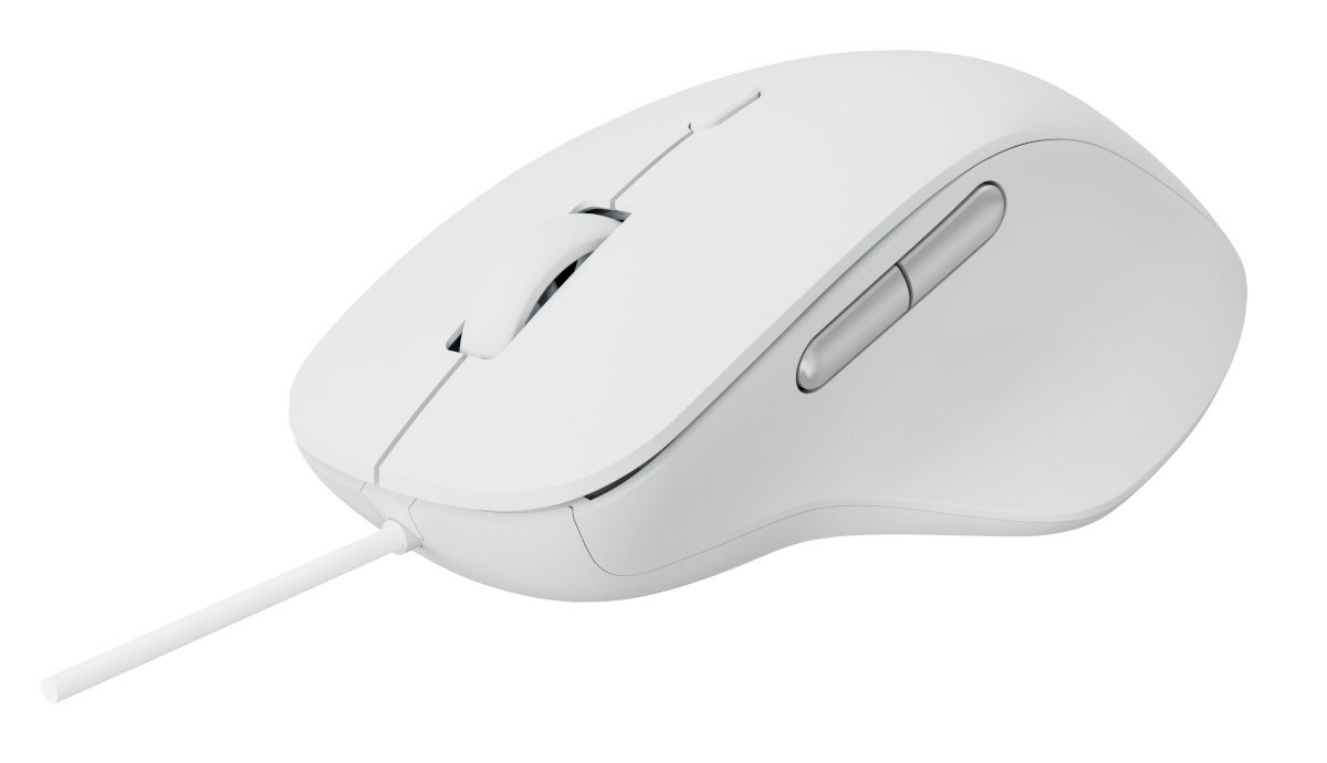 Biała mysz komputerowa z kablem, kółkiem przewijania i bocznymi przyciskami.