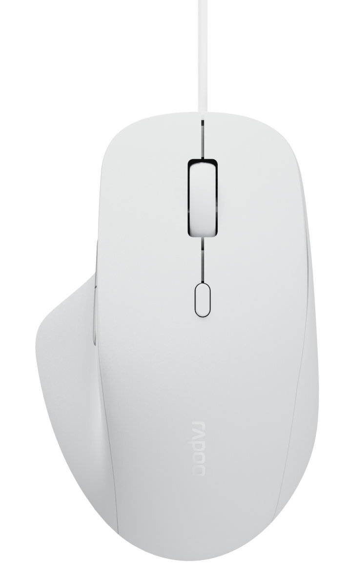 Biała mysz komputerowa o zakrzywionym kształcie. Posiada kółko i przyciski. Białe tło.
