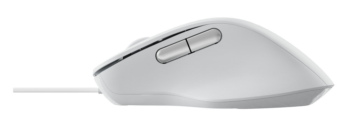 Biała mysz komputerowa na białej powierzchni. Dwa przyciski, rolka.