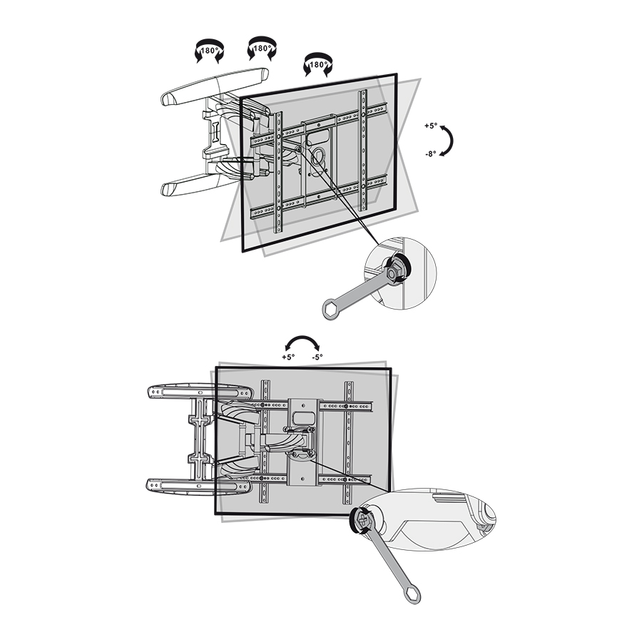 TV tartó diagramja, több szögből mutatva a beállítási lehetőségeket.