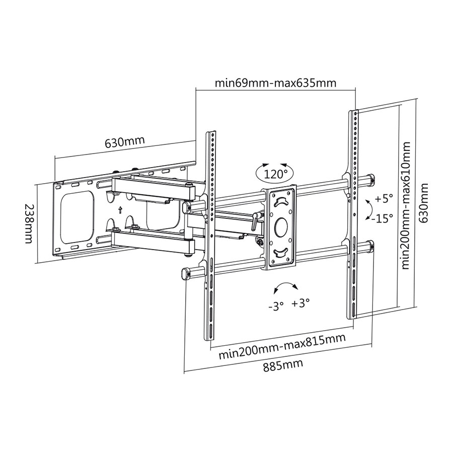 TV tartó diagram. mm-ben mért méreteket, szögeket és a tartó tervezési részleteit mutatja.