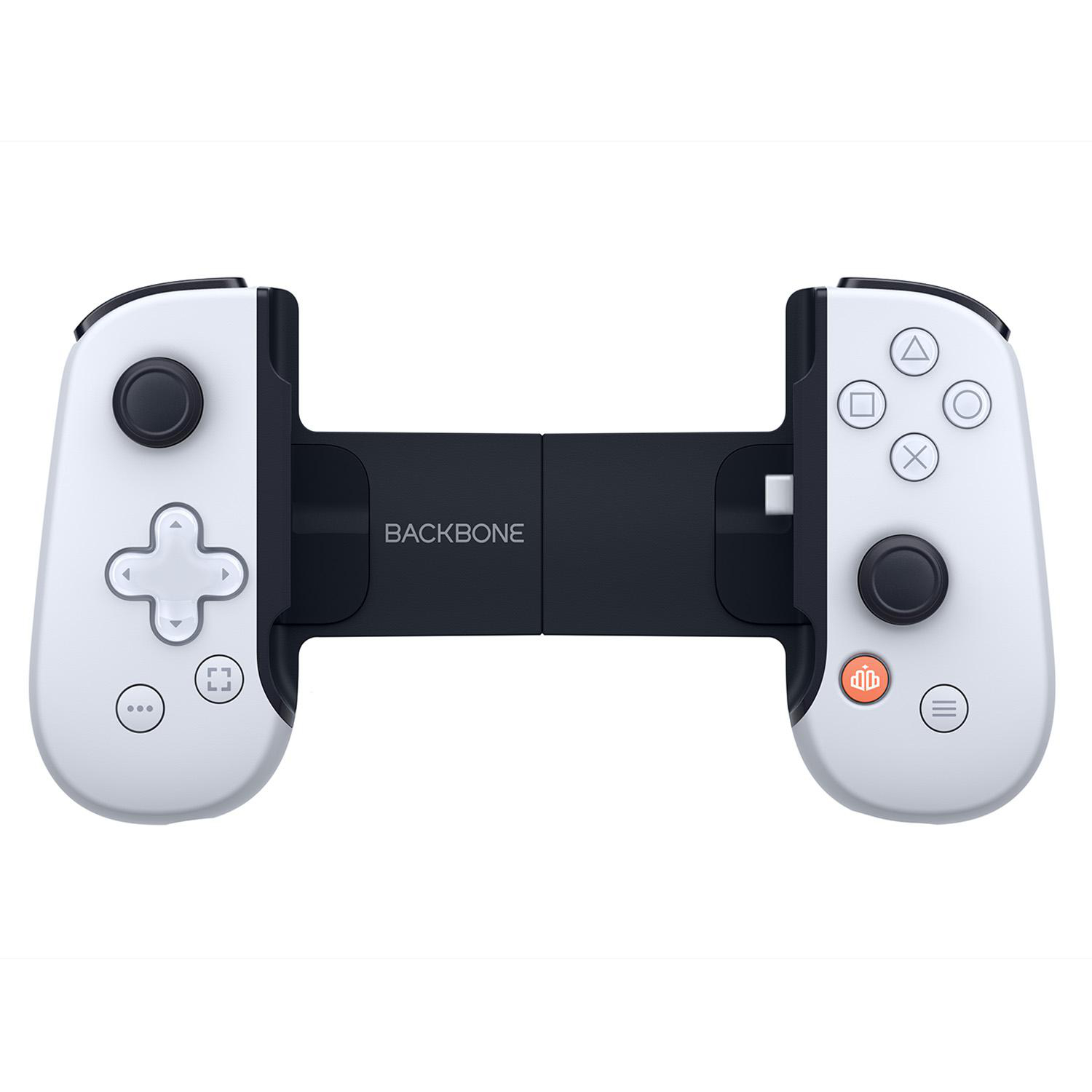 Weiß-schwarzer Gaming-Controller für ein Mobiltelefon, Marke Backbone.
