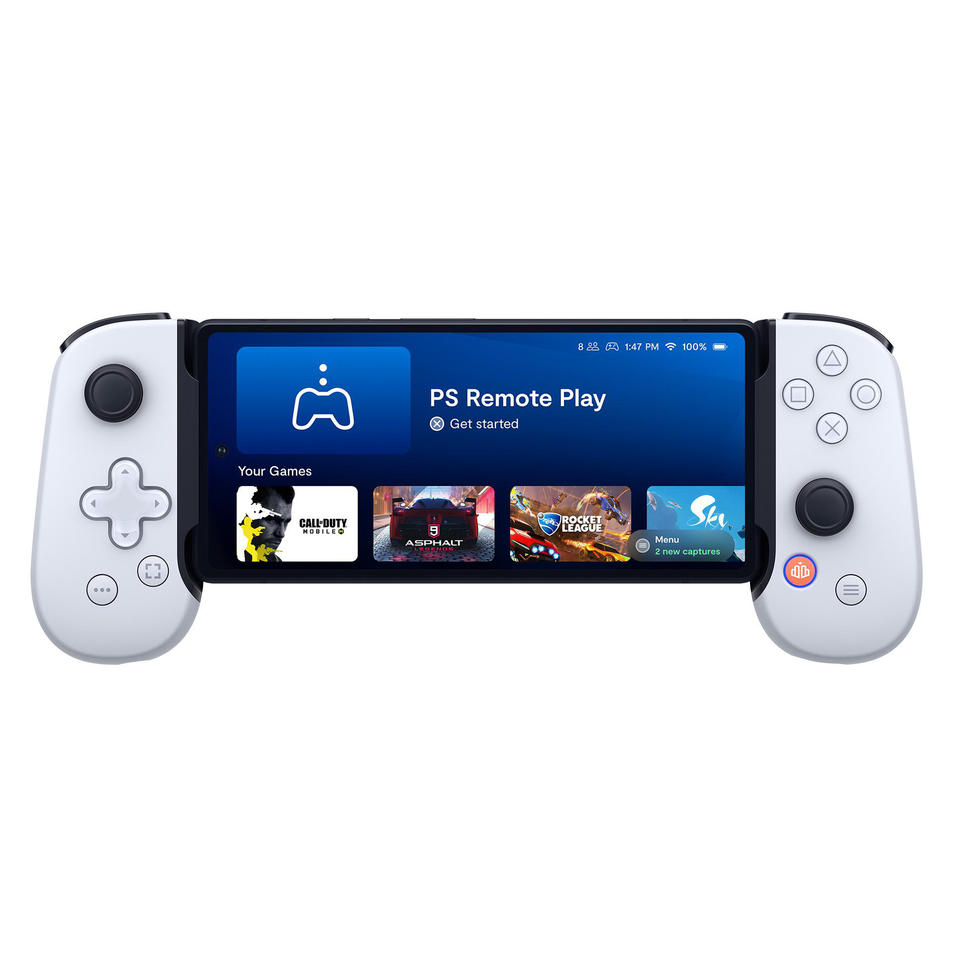 Weißes Gamepad mit einem Telefon in der Mitte, das die Spieloberfläche zeigt, weißer Hintergrund.