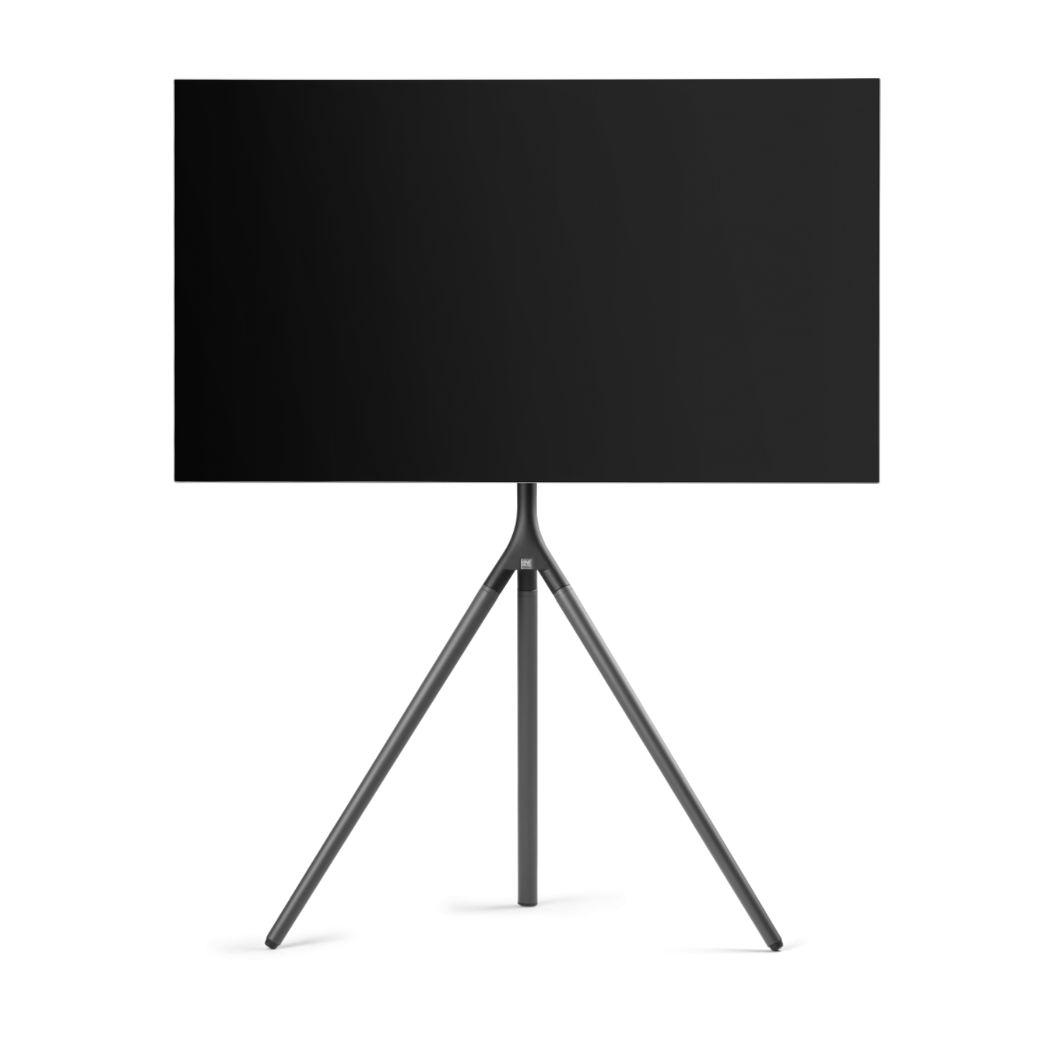 Black TV on a metal tripod stand, black background.