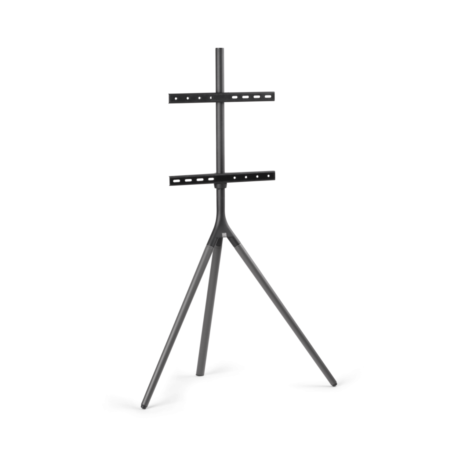 A black TV stand on a black background. It has a tripod base and two shelves.