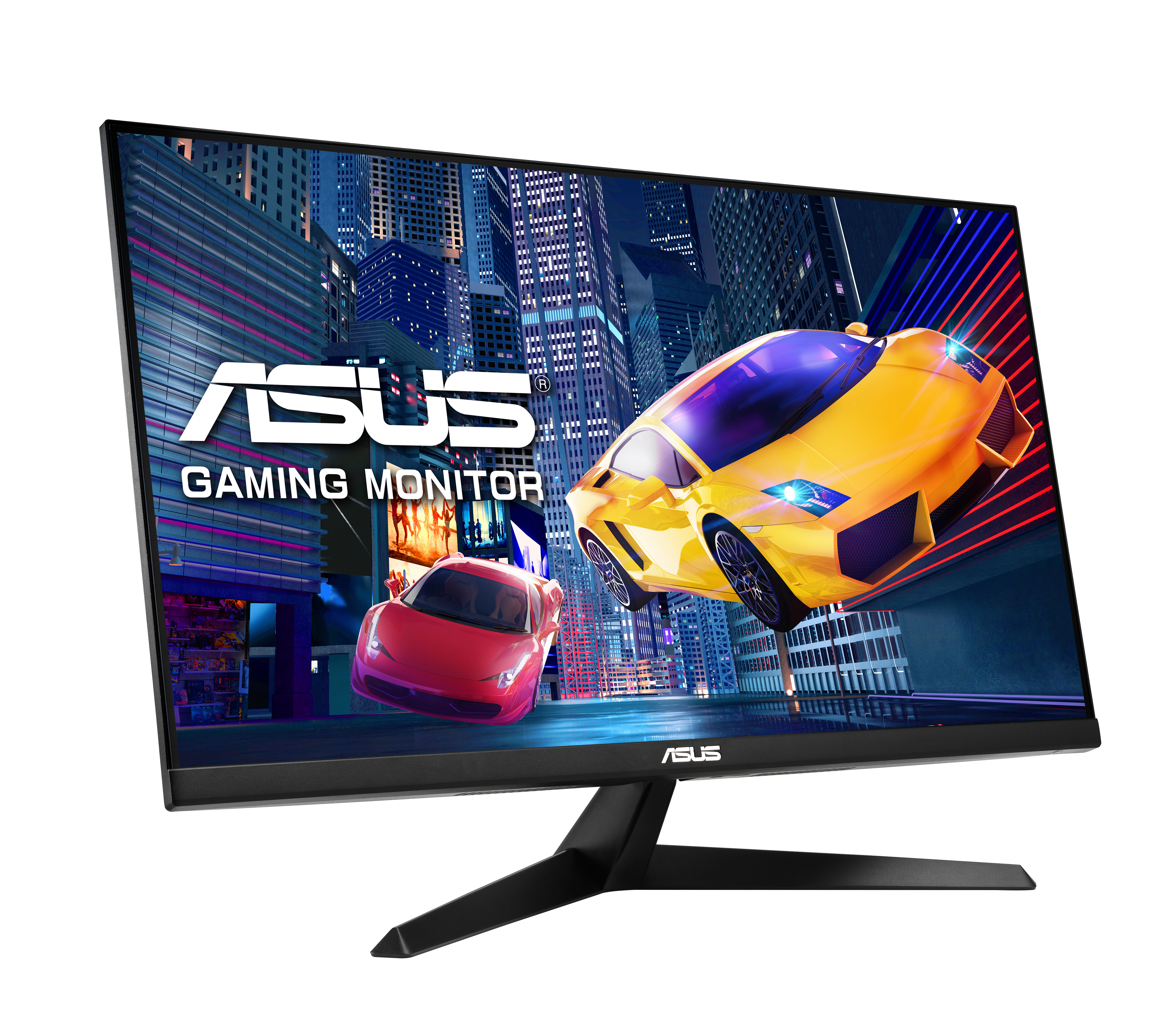 Ein Gaming-Monitor mit zwei Autos. Der Monitor hat einen schwarzen Rahmen und einen Standfuß.
