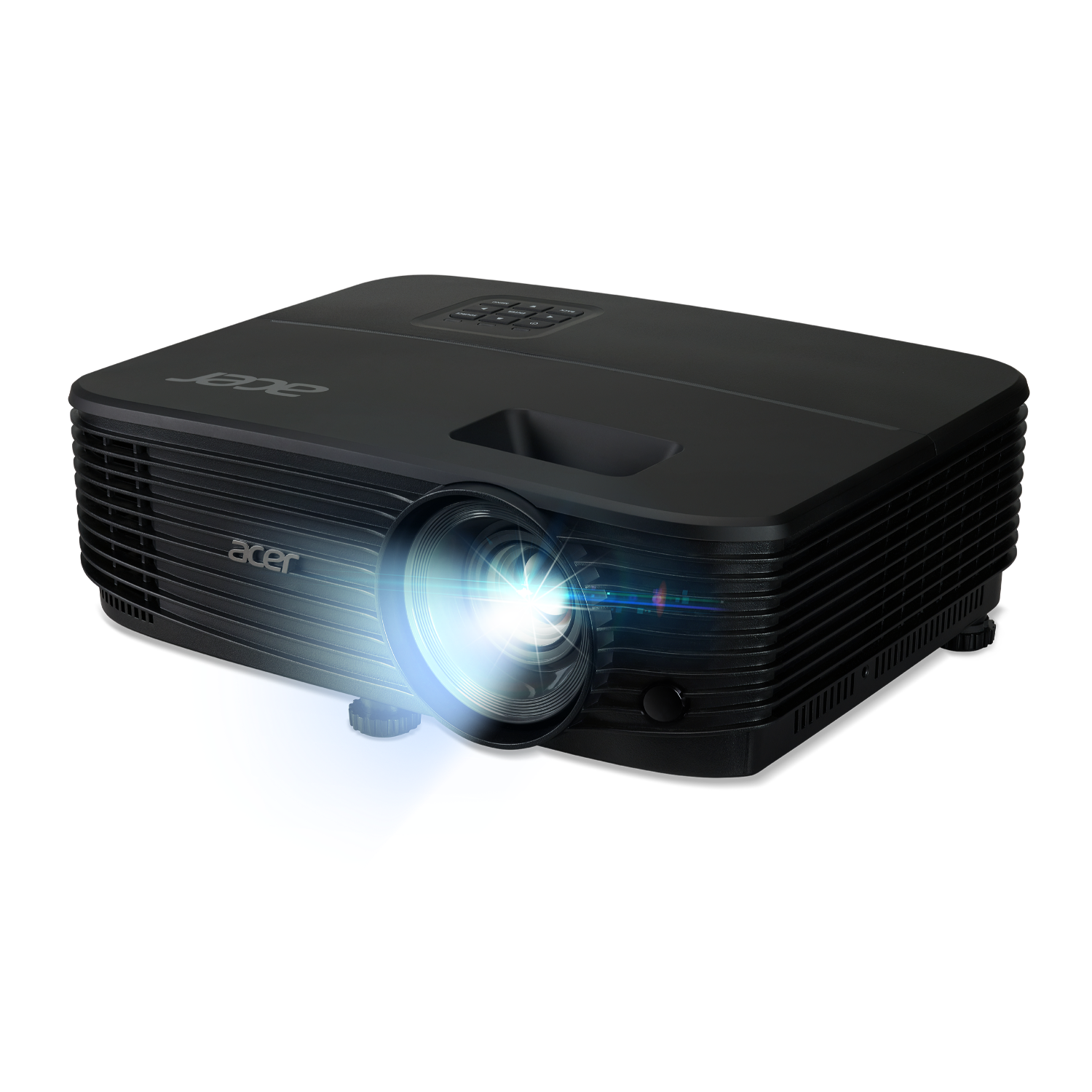 Black Acer projector showing a bright beam of light. It's on a black background.
