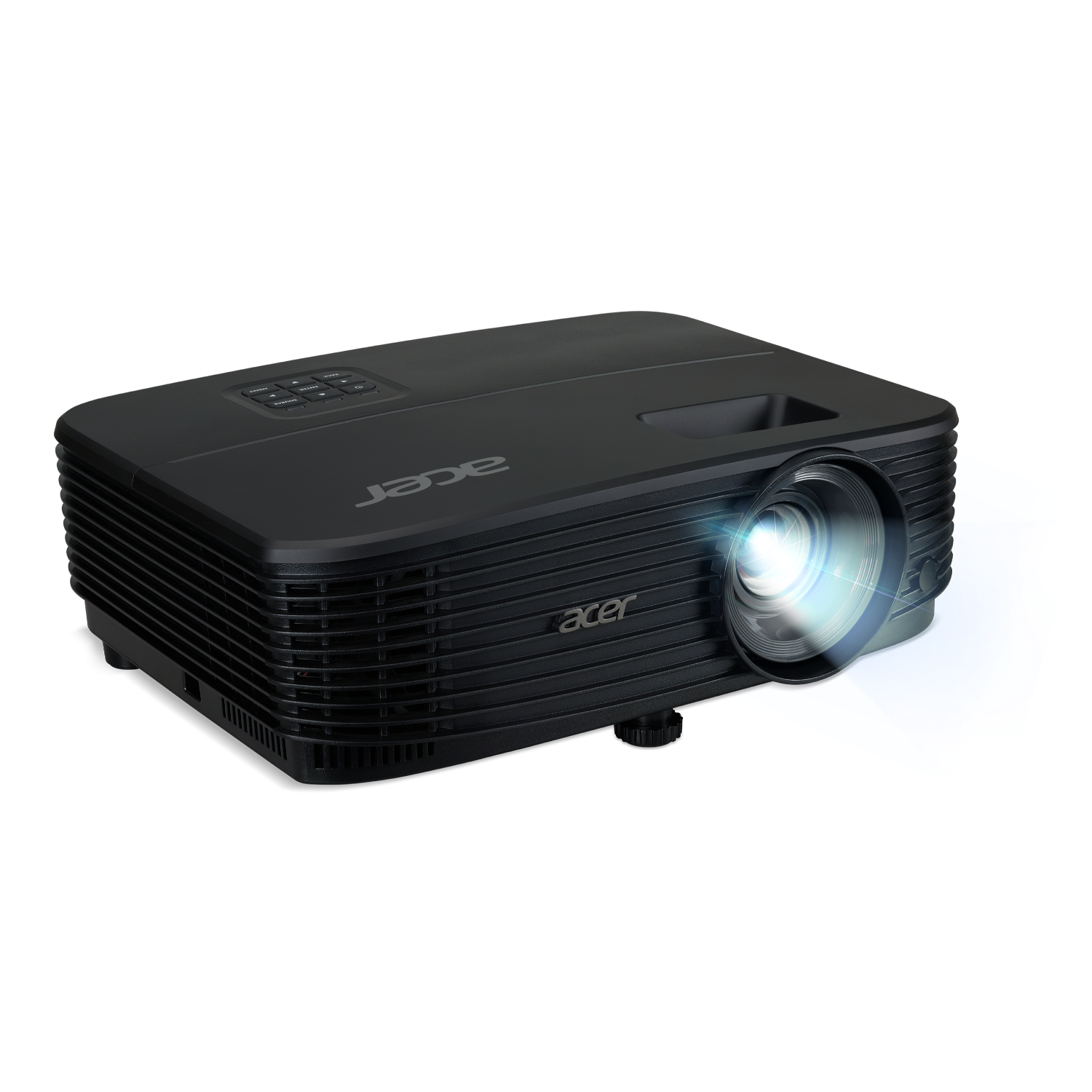 Black Acer projector with a light beam projecting from the lens, on a black surface.