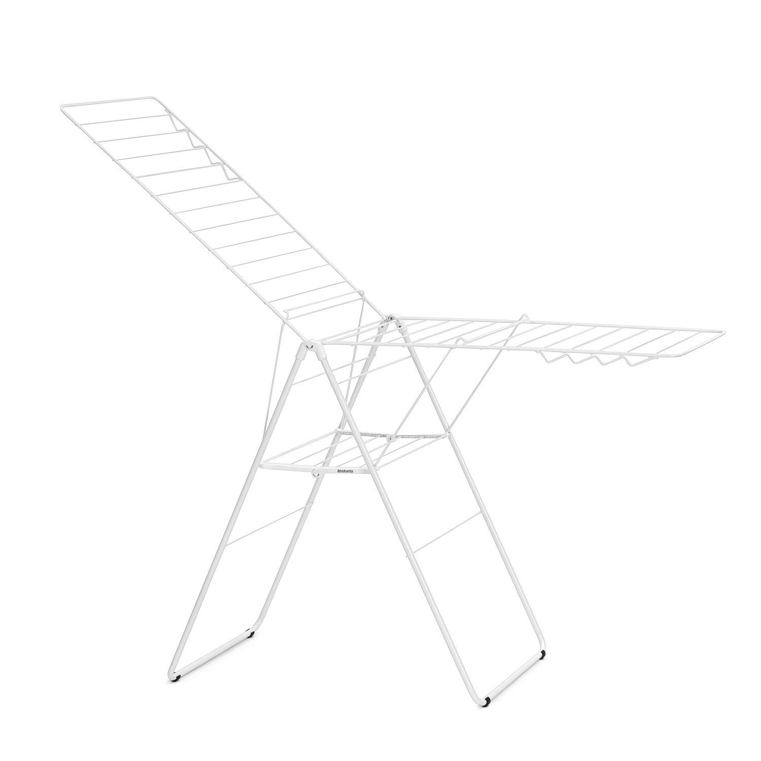 Witte metalen droogrek, uitgevouwen. Het heeft meerdere horizontale staven om kleding op te hangen.