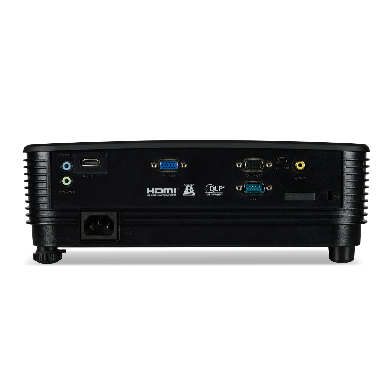 Back of a black projector with multiple input ports and connections.