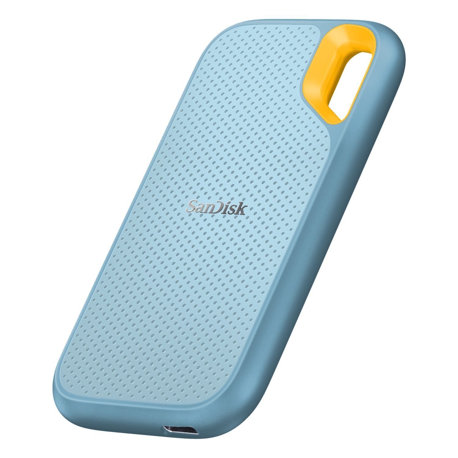 Blue and yellow portable hard drive with a dotted texture, SanDisk brand.